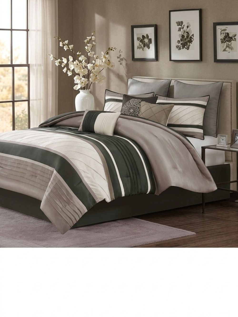 Madison Park Taupe, Cream and Charcoal Stripe Comforter Set